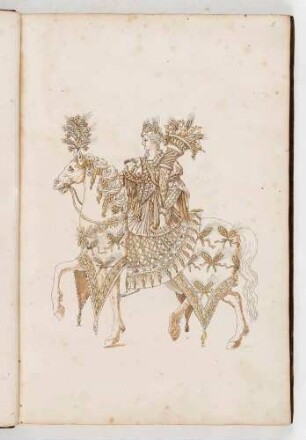 Ceres mit Füllhorn auf einem prachtvoll dekorierten Pferd, in: Equestrium statuarum [...] formae [...] artificiosissime pictis, Bl. 6