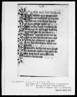 Deutsches Gebetbuch (Waldburg-Gebetbuch) — Initiale H und Halbbordüre, Folio 121recto