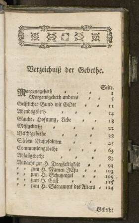 Verzeichniß der Gebethe