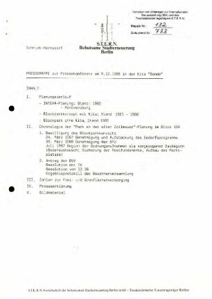 Pressemappe zur Pressekonferenz am 9.12.1988: Planungen zu Block 104