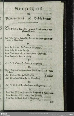Verzeichniß der Pränumeranten und Subscribenten