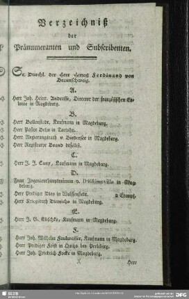 Verzeichniß der Pränumeranten und Subscribenten