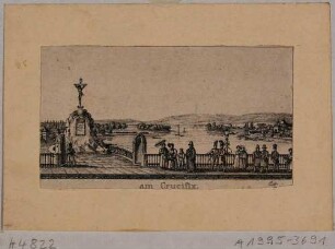 Die Augustusbrücke in Dresden, Blick auf das Kruzifix und elbabwärts auf den Fluss, das Ostragehege und die Lößnitzhöhen, Ausschnitt aus einem Erinnerungsblatt an Dresden mit 2 großen und 16 kleinen Stadtansichten