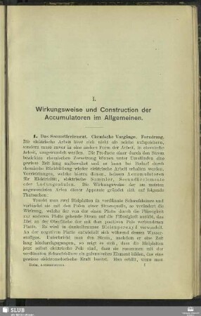 I. Wirkungsweise und Construction der Accumulatoren im Allgemeinen