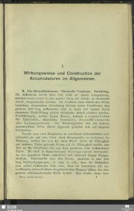 I. Wirkungsweise und Construction der Accumulatoren im Allgemeinen