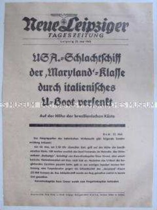 Extrablatt der "Neuen Leipziger Tageszeitung" zur Versenkung eines US-Schlachtschiffes durch ein italienisches U-Boot.