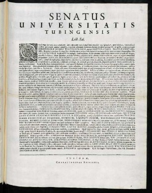 Senatus Universitatis Tubingensis Lect. Sal. : Quod ergo in votis erat omnium ...