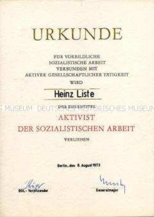 Urkunde zum Ehrentitel "Aktivist der sozialistischen Arbeit"