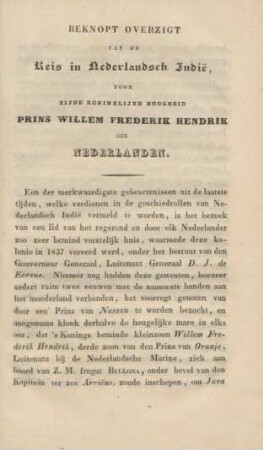 Beknopt overzigt van de Reis in Nederlandsch Indie, door Zijne Koninklijke Hogheid Prins Willem Frederik Hendrik der Nederlanden