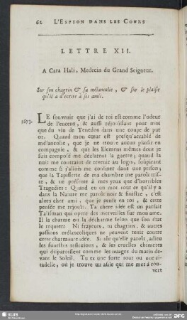 Lettre XII. A Cara Hali, Medecin du Grand Seigneur