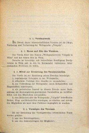 Statuten des wissenschaftlichen Weltsprachevereins "Volapük" in Wien