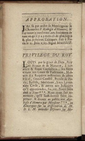 Approbation - Privilege Du Roy