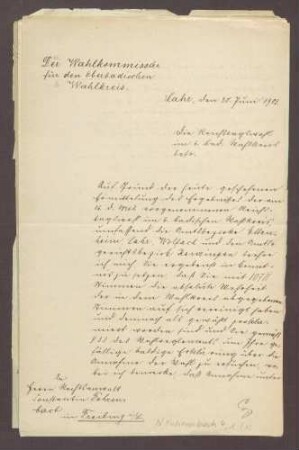 Wahl von Constantin Fehrenbach zum Abgeordneten des Reichstages, 6 Schreiben