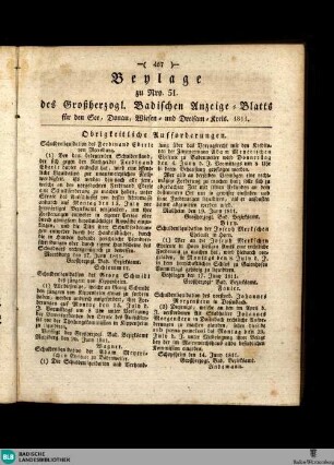 Großherzoglich Badisches Anzeige-Blatt für den See-, Donau-, Wiesen- und Dreisam-Kreis, Beylage des Großherzogl. Badischen Anzeige-Blatts für den See, Donau, Wiesen und Dreisam-Kreis
