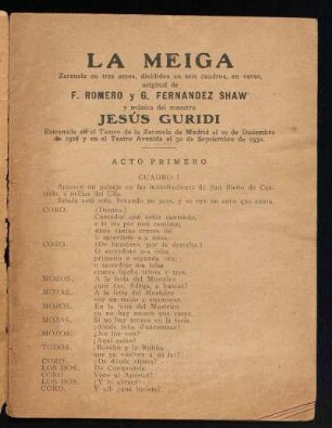 La meiga : zarzuela en tres actos, divididos en seis cuadros, en verso