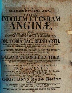 Diss. inaug. med. sistens indolem et curam anginae
