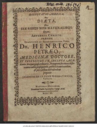 Disputatio Medica, De Diaeta, sive Sex Rebus Non Naturalibus