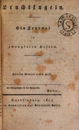 Leuchtkugeln : ein Journal in zwanglosen Heften, 2. 1815 = H. 3 - 4