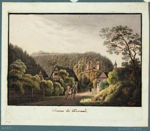 Blick von der Straße aus Hainsberg (Freital, Weißeritzgrund) mit zwei Reitern auf die Burgruine in Tharandt