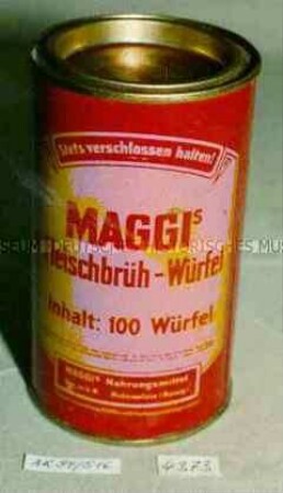 Blechdose für "MAGGI'S Fleischbrüh-Würfel Inhalt: 100 Würfel MAGGIS Nahrungsmittel Ges.m.b.H. Hohenstein (Danzig)"