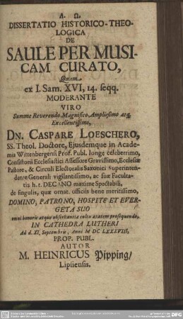 Dissertatio Historico-Theologica De Saule Per Musicam Curato