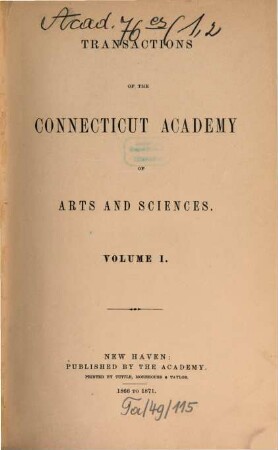 Transactions of the Connecticut Academy of Arts and Sciences. 1, 2. 1867/71