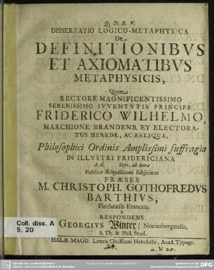 Dissertatio logico-metaphysica: De definitionibus et axiomatibus metaphysicis