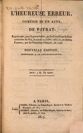L' heureuse erreur : Comédie en un acte