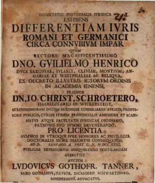 Dissertatio inauguralis iuridica exhibens differentiam iuris rom. et germ. circa connubium impar