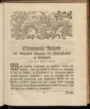Oekonomische Aufgabe der königlichen Societät der Wissenschaften zu Göttingen für das Jahr 1766.