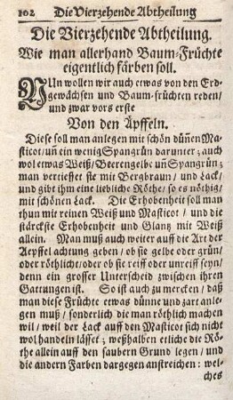 Die Vierzehende Abtheilung. Wie man allerhand Baum-Früchte eigentlich färben soll.