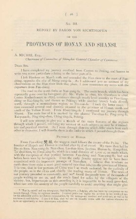 No. III. Report by Baron von Richthofen on the provinces of Honan and Shansi
