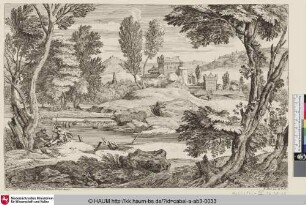 [Landschaft mit Liebespaar und einer Burg mit drei Türmen im Hintergrund; Village with Three Towers; Le village aux trois tours]