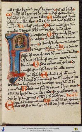 (45r) Eingeklebte Initiale (D), männliche Figur mit Bart.