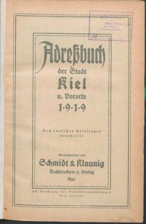 1919: Adreßbuch der Stadt Kiel u. Vororte 1919