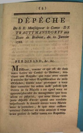 Dépêche De Son Excellence Monseigneur Le Comte De Trauttmansdorff Aux Etats De Brabant, Du 20 Janvier 1788