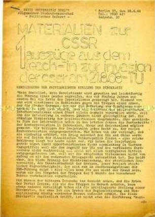 Hektografierte Materialsammlung zur Intervention der Staaten des Warschauer Vertrages in der CSSR im August 1968