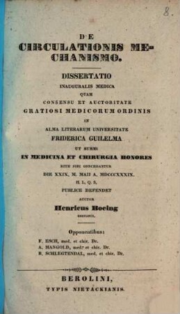 De circulationis mechanismo : dissertatio inauguralis medica