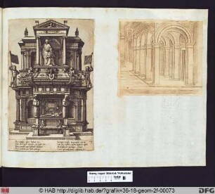 links: Grabmonument, in dem sich unten ein Sarkophag mit einem liegenden unbekleideten Mann befindet. Über diesem kniet ein betender Mann vor dem Abbild des Heiligen Petrus.