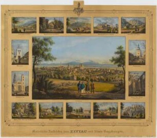 Ansichten von Zittau und Umgebung, Lithographie, 1837 : Täubert, Gustav : Malerische Ansichten von Zittau und seinen Umgebungen / Nach der Natur gez. u. lith.v. G. Täubert. - Zittau : Birr ; Dresden : Louis Zoelnner , [1837]. - 15 Ansichten auf 1 Kunstblatt : Lithogr. ; Bildgr. 45 x 35 cm. - 1 Gesamtansicht, 14 Detailansichten