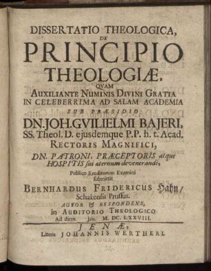 Dissertatio Theologica, De Principio Theologiae