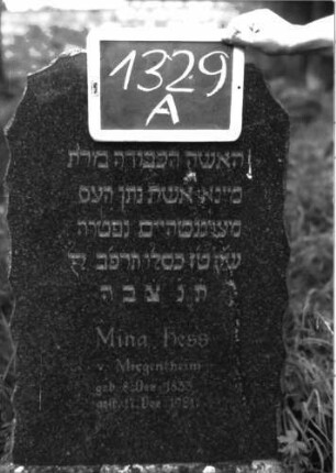 Grabstein 1329 (Index: 100104617) Material: schwarzer Granit Zustand: gut erhalten Maße HxBxT: 78x50x20 cm Beschreibung: aufgesockelte Stele mit Segmentbogenabschluss, Ränder unregelmäßig gestaltet: Grabstein 1329A