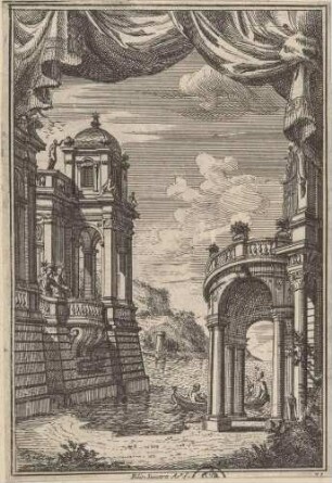 Bühnenbild für die Oper „Teodosio il Giovane“ von Filippo Amadei im Teatro Ottoboni des Palazzo della Cancelleria in Rom im Jahr 1711 (Akt 2, Szene 4: Fassade des kaiserlichen Palasts am Meer, wo Marciano mit den Seinen ein Boot bestiegen hat)