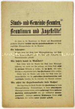 Aufruf der Deutschnationalen Volkspartei an Beamten zur Wahl der Nationalversammlung 1919
