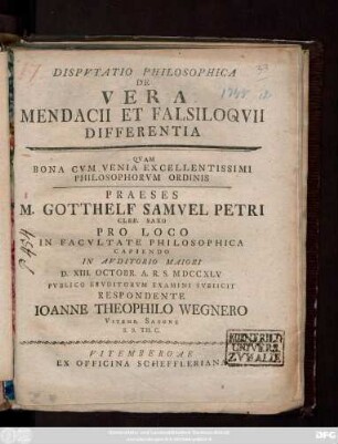 Dispvtatio Philosophica De Vera Mendacii Et Falsiloqvii Differentia