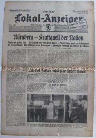 Tageszeitung "Berliner Lokal-Anzeiger" zum Abschluss des Reichsparteitages der NSDAP in Nürnberg