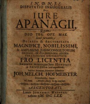 Disputatio Inauguralis De Iure Apanagii