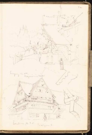 Skizzenbuch 1901: Kapuzinerkloster in Bregenz, Haus Biergasse 6 in Dornbirn, perspektivische Ansichten