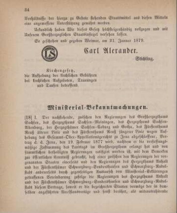 18. Ministerial-Bekanntmachung, die Aufhebung des Gesammt-Ober-Appellationsgerichts zu Jena betreffend