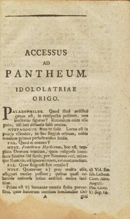 Accessus Ad Pantheum. Idololatriae Origo.